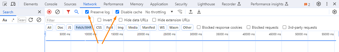 Preserve log и Disable cache в Chrome