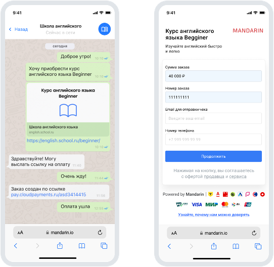 Платежная страница по ссылке (мобильный вид)