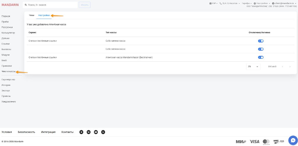 Раздел «Чеки», вкладка «Настройки»