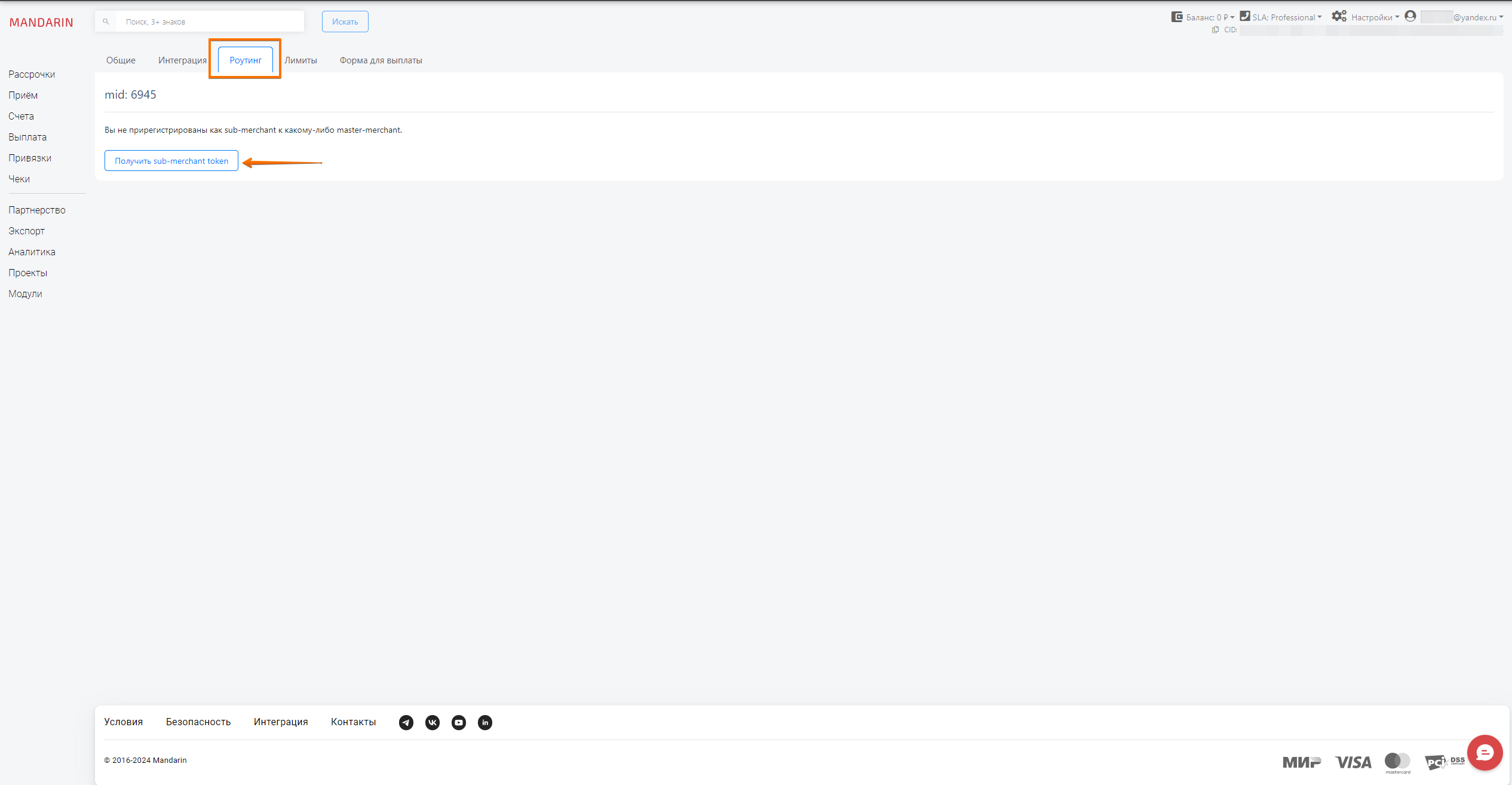 Кнопка «Получить sub-merchant token»